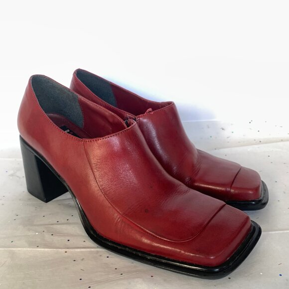 Diba Vtg Y2K Red Square Toe Flat Toe Box Block Heel Loafers Zip Side - Sz 8.5 - Picture 15 of 15